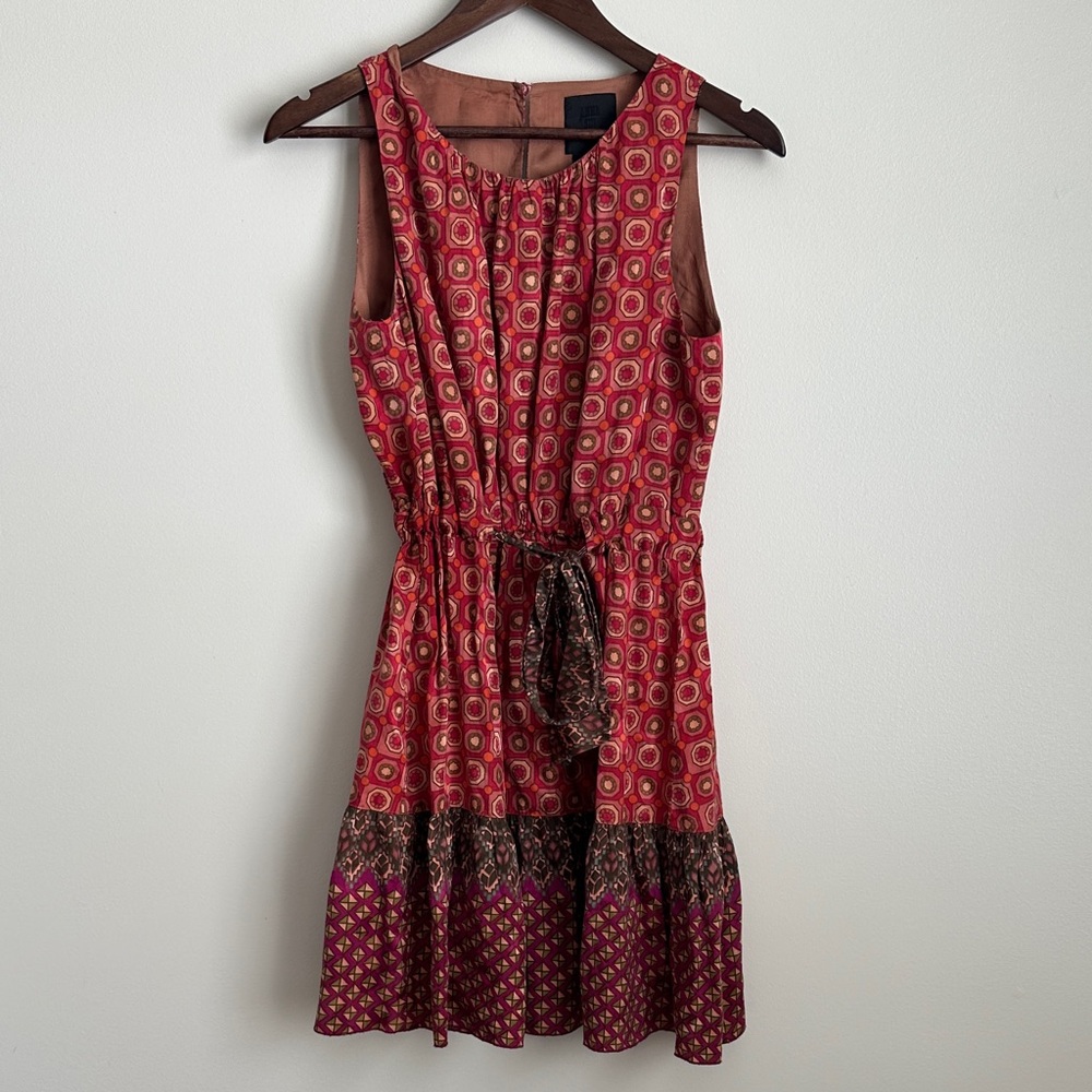Anna Sui Anthropologie Silk Pink & Brown Patterned Mini Dress with Belt